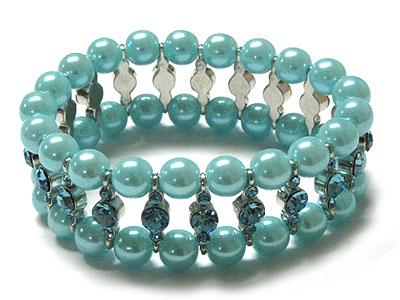 Double row pearl beads and crystal stretch bracelet