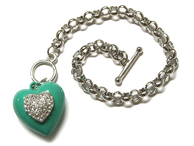 Crystal and acryl puffy heart charm toggle bracelet