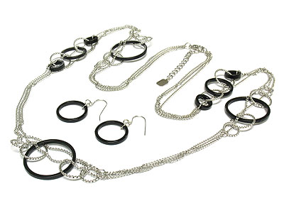 Metal and acryl hoop and chain link long necklace and earring set - hoops