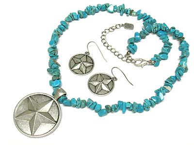 Western star pendant green turquoise necklace and earring set