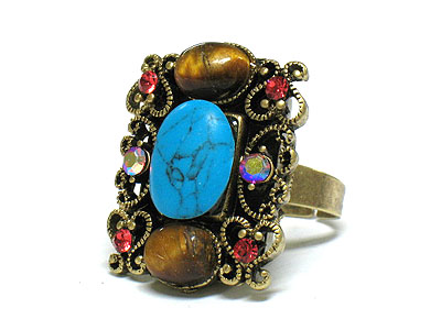 Antique design turquoise and tigereye and crystal ring - adjustable