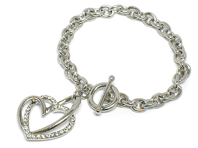 Double crystal heart charm toggle bracelet