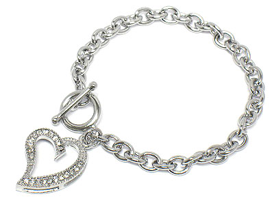 Crystal heart charm toggle bracelet