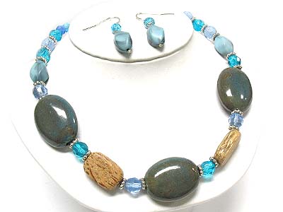 Wood and germ stone linked with glass beads necklace and earring set