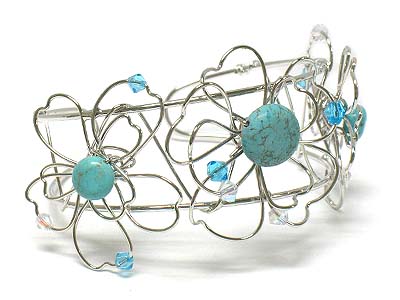 Turquoise stone deco metal wire flower shape bangle 