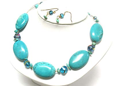 Turquoise oval stone link facet cut stone deco wire strand necklace and earring set 