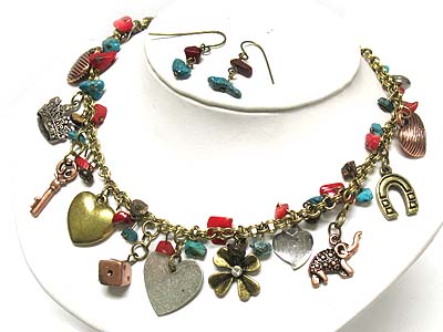 Multi shape metal charms and chip stone deco necklace and earring set