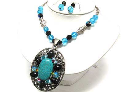 Oval turquoise stone and crystal stud filigree metal large pendant necklace and earring set