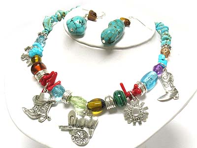 Western theme metal charm and glass beads strand necklace and earring set 