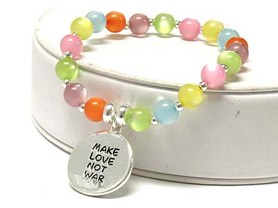 Peace sing and message printed metal charm beaded elastic bracelet