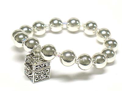 Metal detailed cubic box charm beaded elastic bracelet