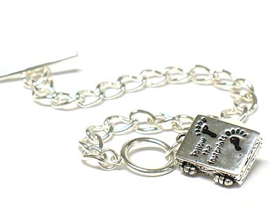 Metal foot printed and messaged book charm toggle bracelet 