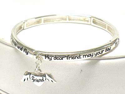 Messaged elastic bangle with heart wing charm