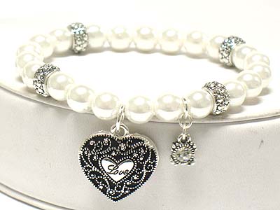 Filigree heart charm and crystal dangle pearl beads elastic bracelet