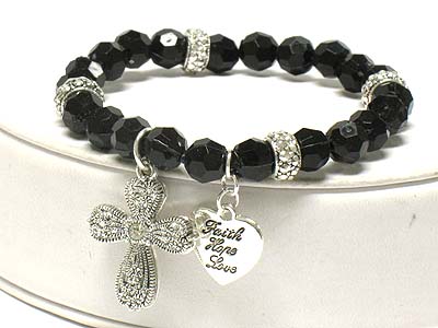 Filigree metal cross cham and messaged heart elastic beads bracelet