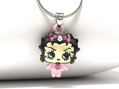 Made in korea whitegold plating crystal and enamel cartton character necklace - baby betty