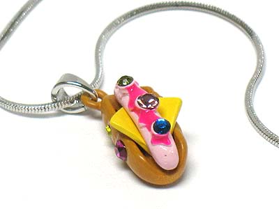 Made in korea whitegold plating crystal and enamel miniature necklace - hotdog