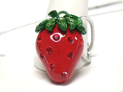 Made in korea whitegold plating crystal and enamel strawberry necklace