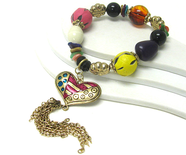 Heart and tassel drop mixed beads and stone stretch bracelet