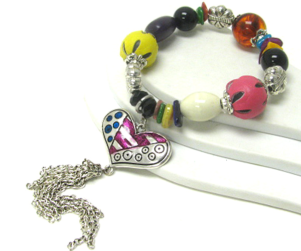 Heart and tassel drop mixed beads and stone stretch bracelet