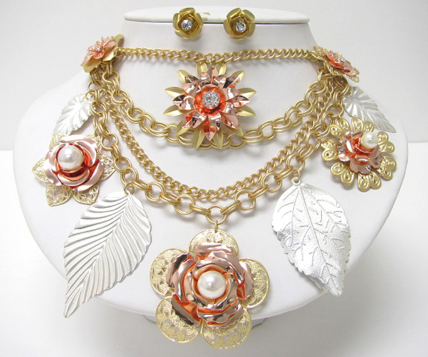 Chunky spring vintage mixed metal flowers and leaves drop multi layer neklace earring set