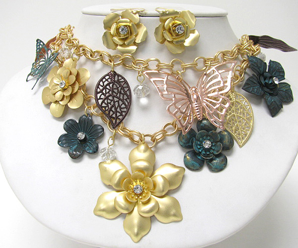 Chunky spring vintage mixed metal flower and butterfly double layer necklace earring set