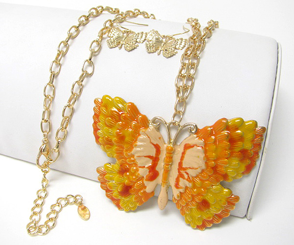 3.5 inch wide extra large enameld butterfly pendant neklace earring set