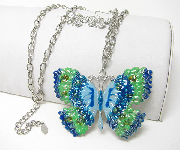 3.5 inch wide extra large enameld butterfly pendant neklace earring set