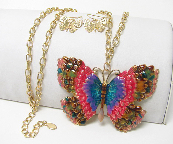 3.5 inch wide extra large enameld butterfly pendant neklace earring set