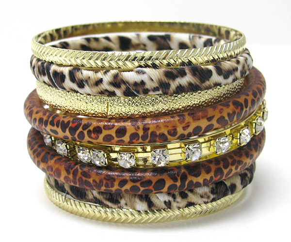 Crystal and multi material stackable animail print bangle set of 8