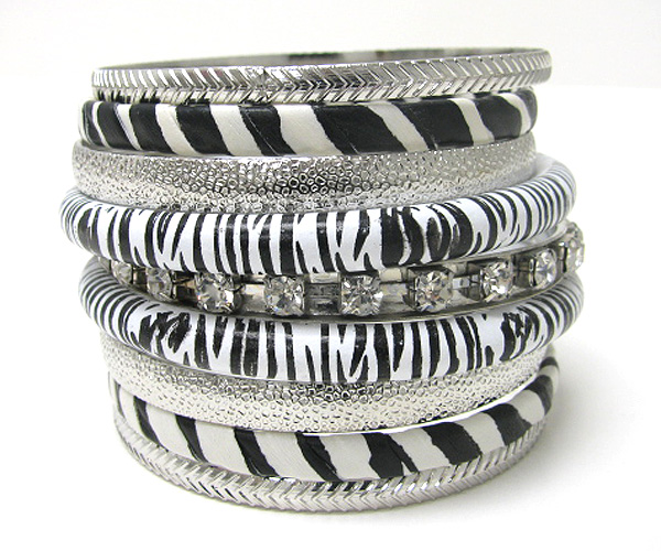 Crystal and multi material stackable animail print bangle set of 8