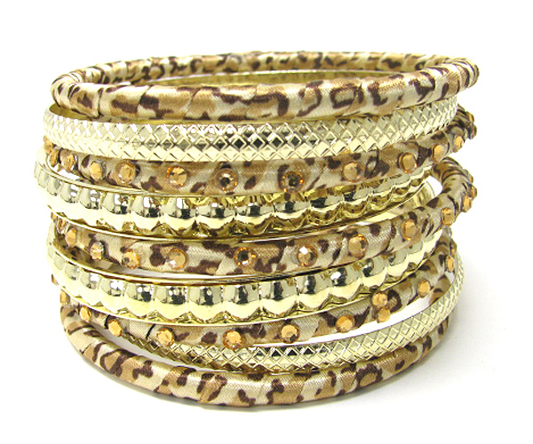 Crystal and multi material stackable animail print bangle set of 8