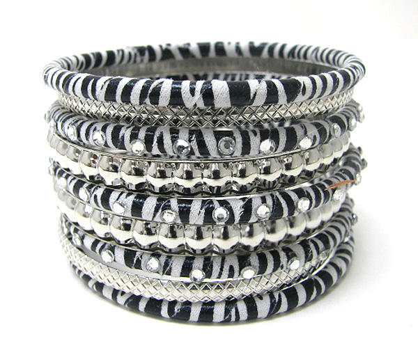 Crystal and multi material stackable animail print bangle set of 8