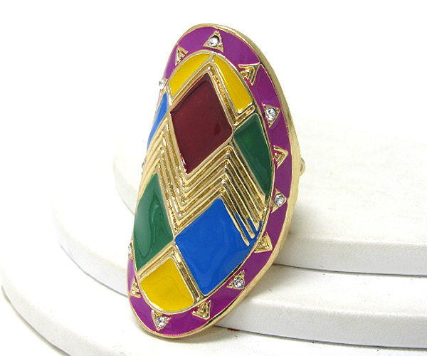 Crystal stud abstract enamel art long finger stretch ring