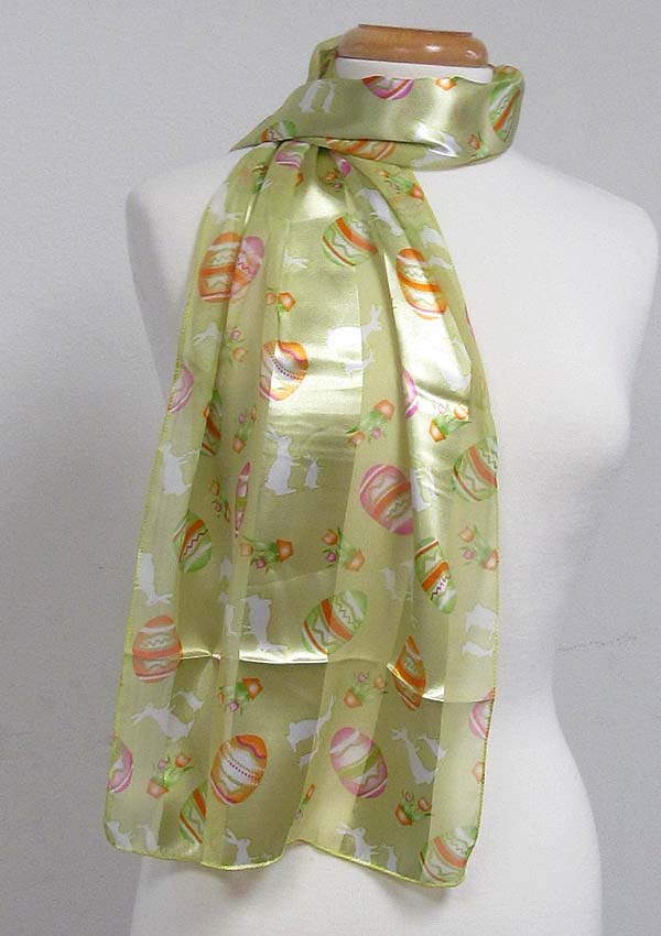 Easter bunny and eggs theme satin stripe print sash scarf - 13x60 inch - 100% polyester