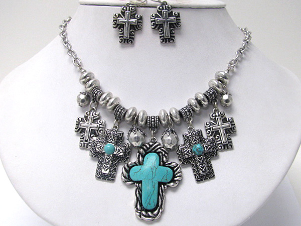 Multi turquoise and textured metal cross dangle necklace earring set