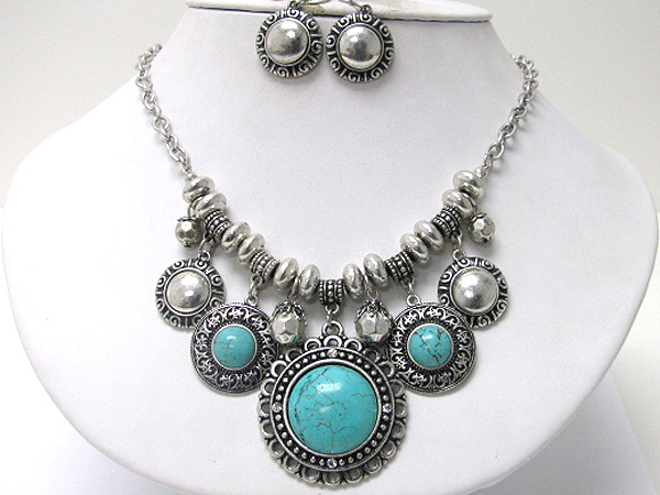 Multi turquoise and textured metal round dangle necklace earring set