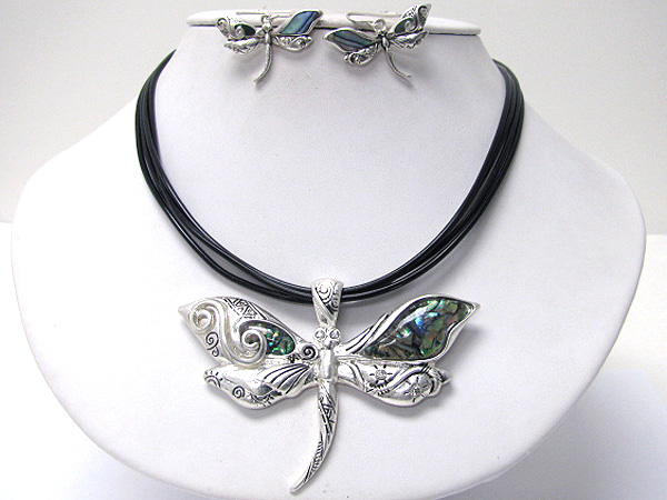 Abalone and metal art deco dragonfly pendant necklace earring set