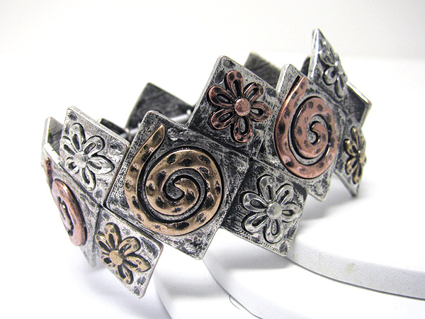 Metal art deco disk link stretch bracelet