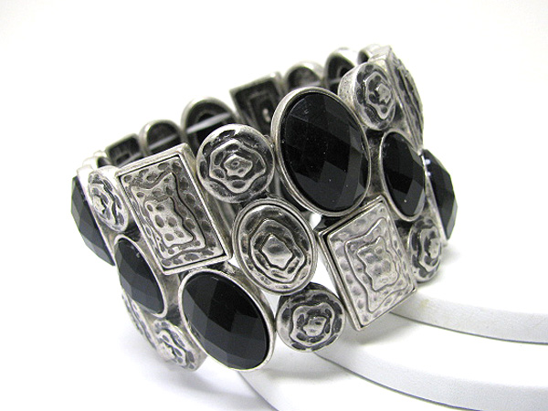 Facet stone and metal art deco disk link stretch bracelet