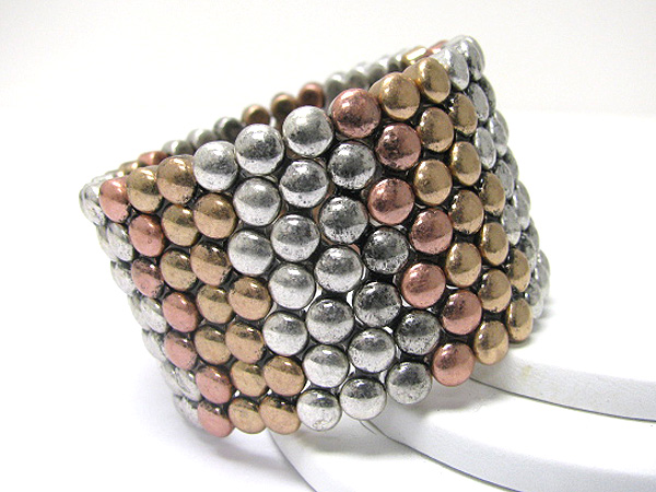 Small metal disk woven stretch bracelet