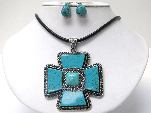 Cross turquoise medallion cord neckalce earring set