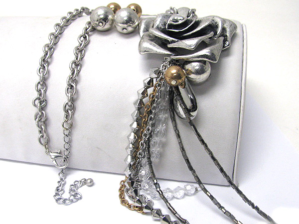 Metal sculpure flower and mixed chain drop long chain necklace earrign set