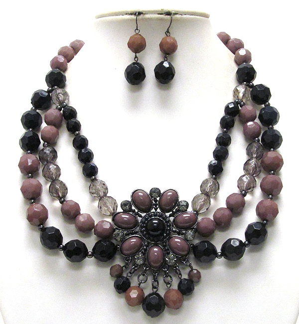 Boutique style stone and beads art deco triple beads strand necklace earring set