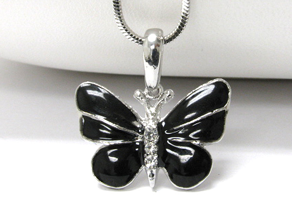 Made in korea whitegold plating crystal and epoxy butterfly pendant necklace