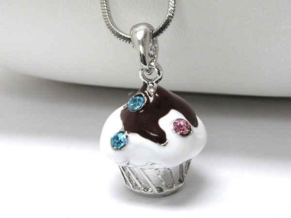 Made in korea whitegold plating crystal and epoxy ice cream pendant necklace