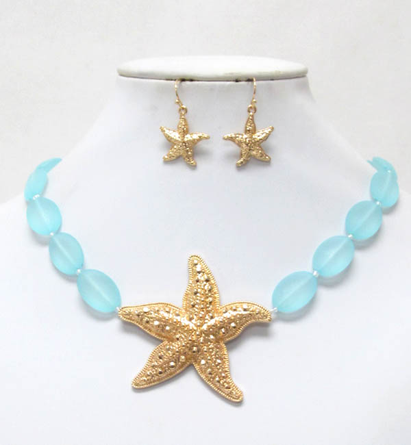 Textured starfish and ice bead necklace earring set