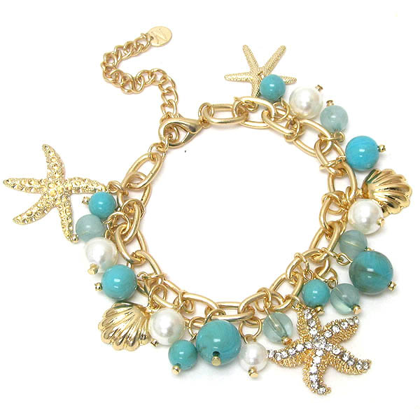 Crystal starfish and pearl dangle chain bracelet