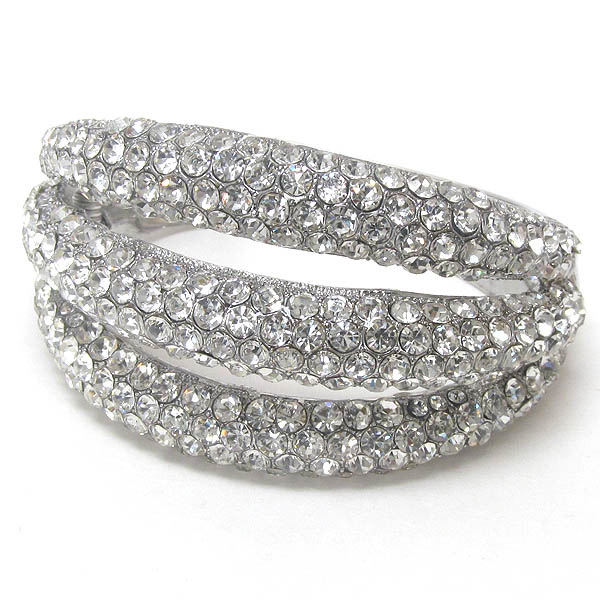 Three crystal puffy metal fashion line pattern hinge bangle bracelet