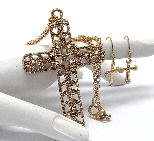 Textured metal cross with multi flowers long necklace earring set